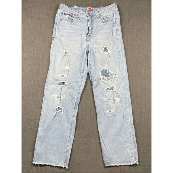 Vintage 90s Distressed Baggy Jeans Tommy Jeans Women 14 32 Light Wash Grunge - Picture 1 of 15